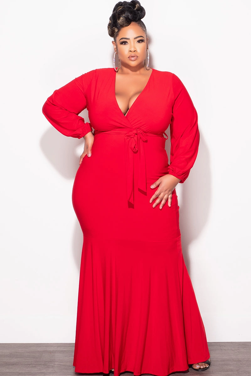 Final Sale Plus Size Mermaid Balloon Sleeve with Tie Gown in Red Soft and Cozy Thermal Insulation Layer