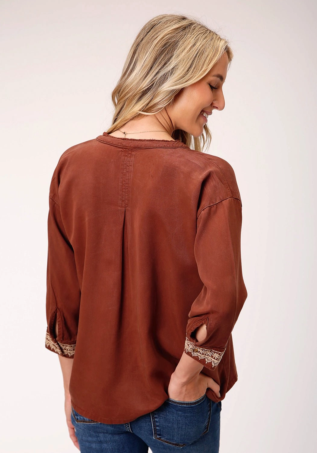 Stetson Womens Tobacco Denim Peasant 3/4 Sleeve Blouse Non Static Finish