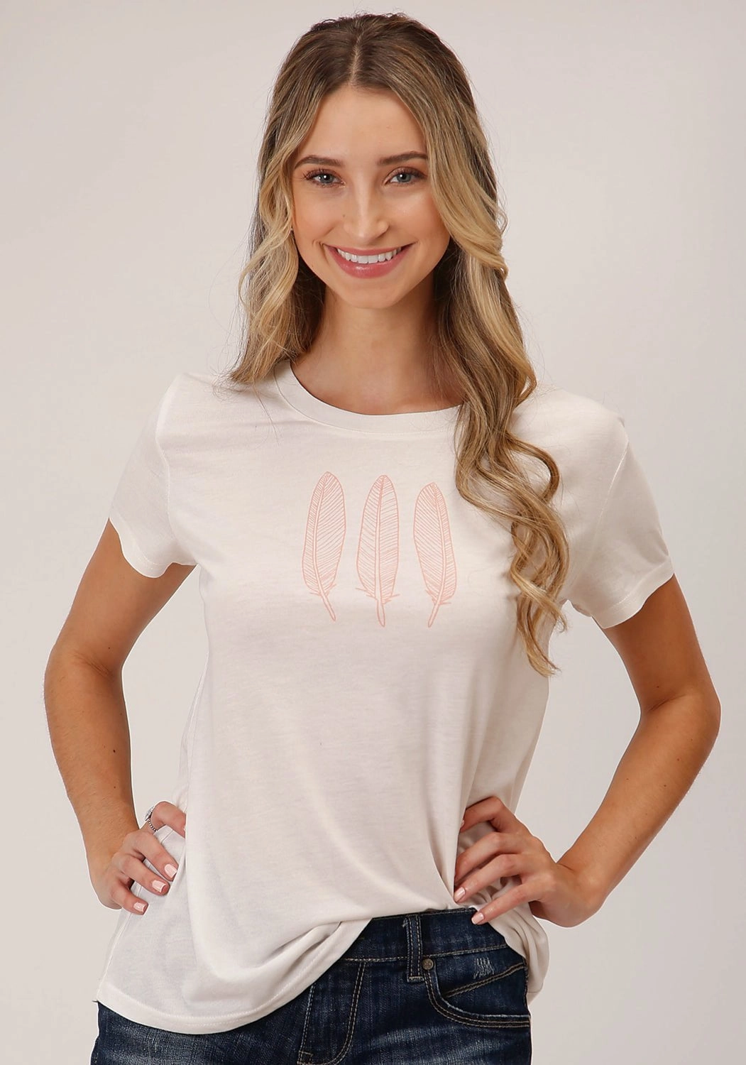 Roper Womens Three Feathers White Poly/Rayon S/S T-Shirt Ergonomic Back Panel