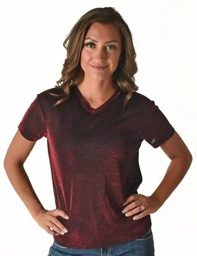 Cowgirl Tuff Womens Shimmer Breathe V Dark Red Nylon S/S T-Shirt Pure Cotton