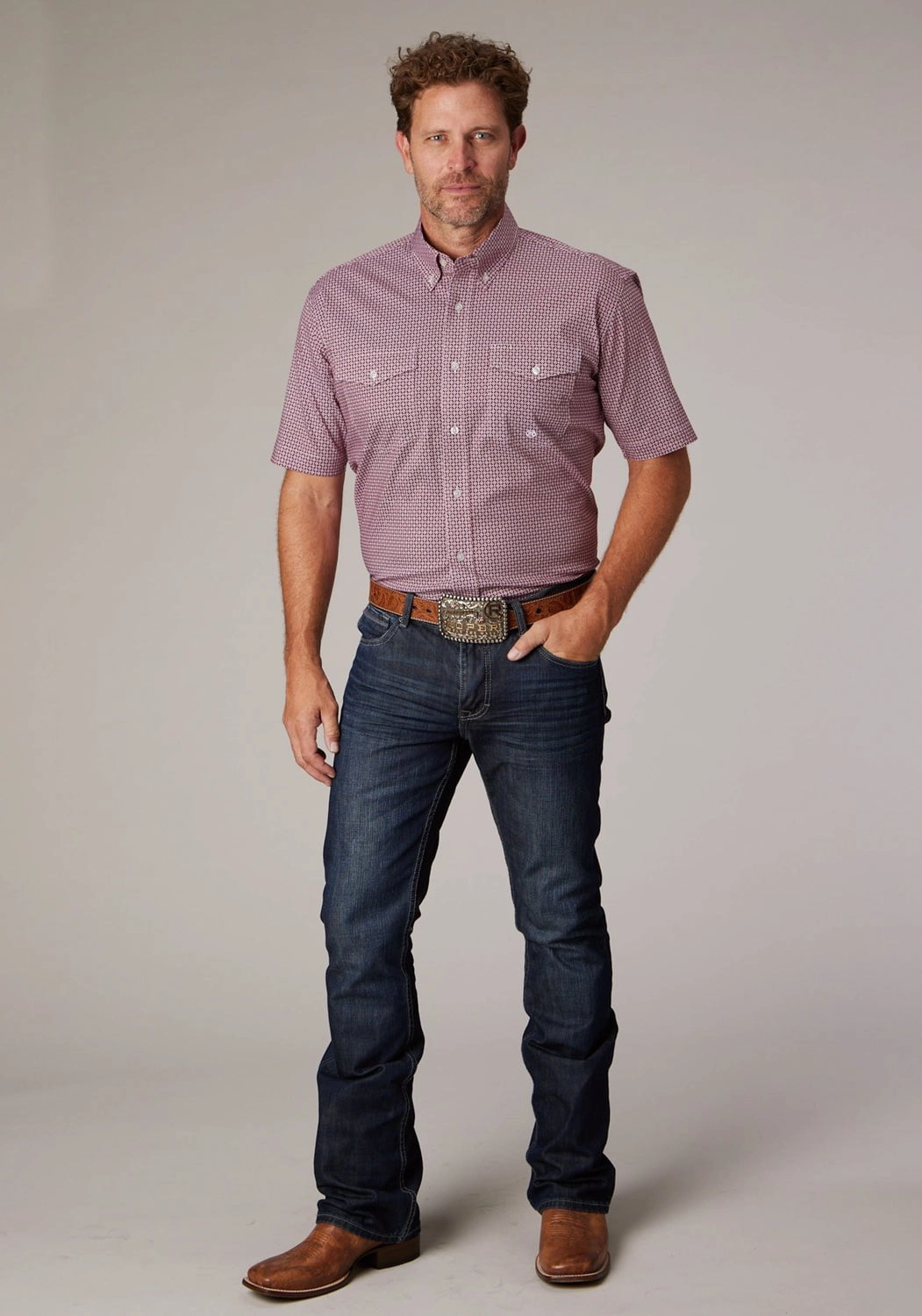 Boho chic Roper Mens 2025 Stretch Neat Red Cotton Blend Btn S/S Shirt