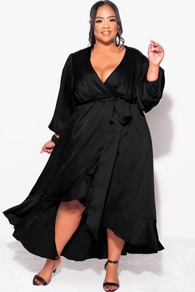 No Iron Fabric UPF Protective Fabric Final Sale Plus Size Faux Wrap Satin High-Low Dress with Waist Tie in Black