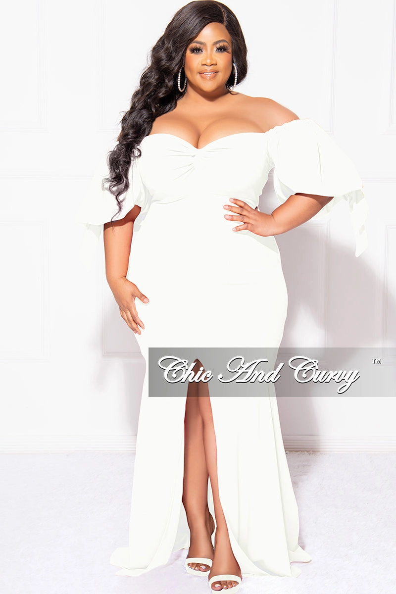 Final Sale Plus Size Puffy Sleeve Gown with Front Slit in Ivory Ribbed Trim Details Sport Hoodie