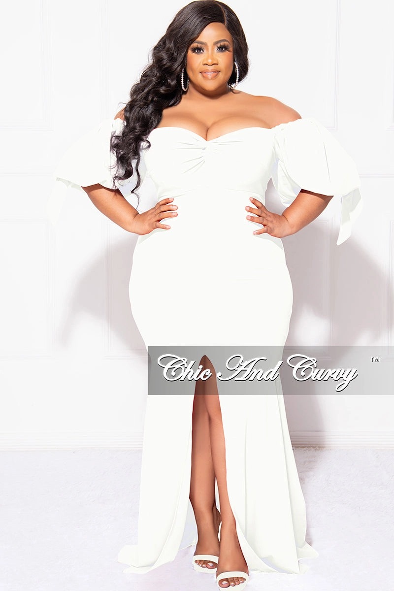 Final Sale Plus Size Puffy Sleeve Gown with Front Slit in Ivory Cozy Comfort Basic Wear