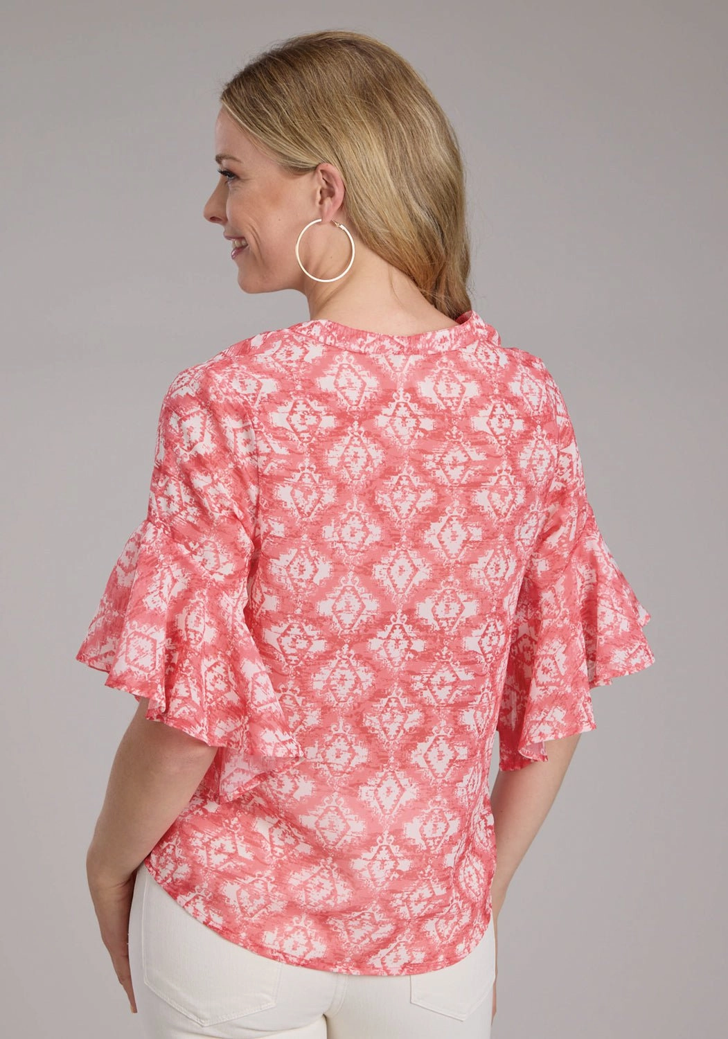 Roper Womens 2423 Ikat Aztec Pink/White 100% Polyester S/S Blouse Snag Free Surface