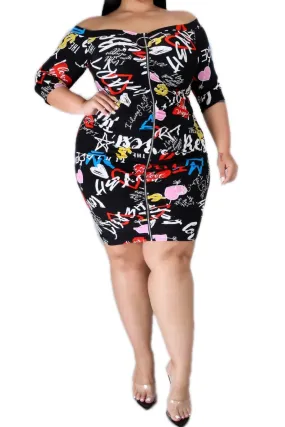 AbrasionResistant Flexible Waist Final Sale Plus Size Off the Shoulder Dress with Graphic Print