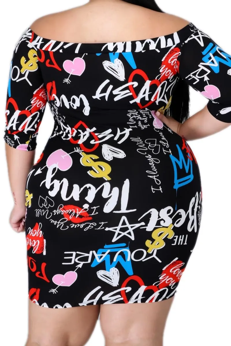 Final Sale Plus Size Off the Shoulder Dress with Graphic Print Stretchy Waist Active Comfort Fit