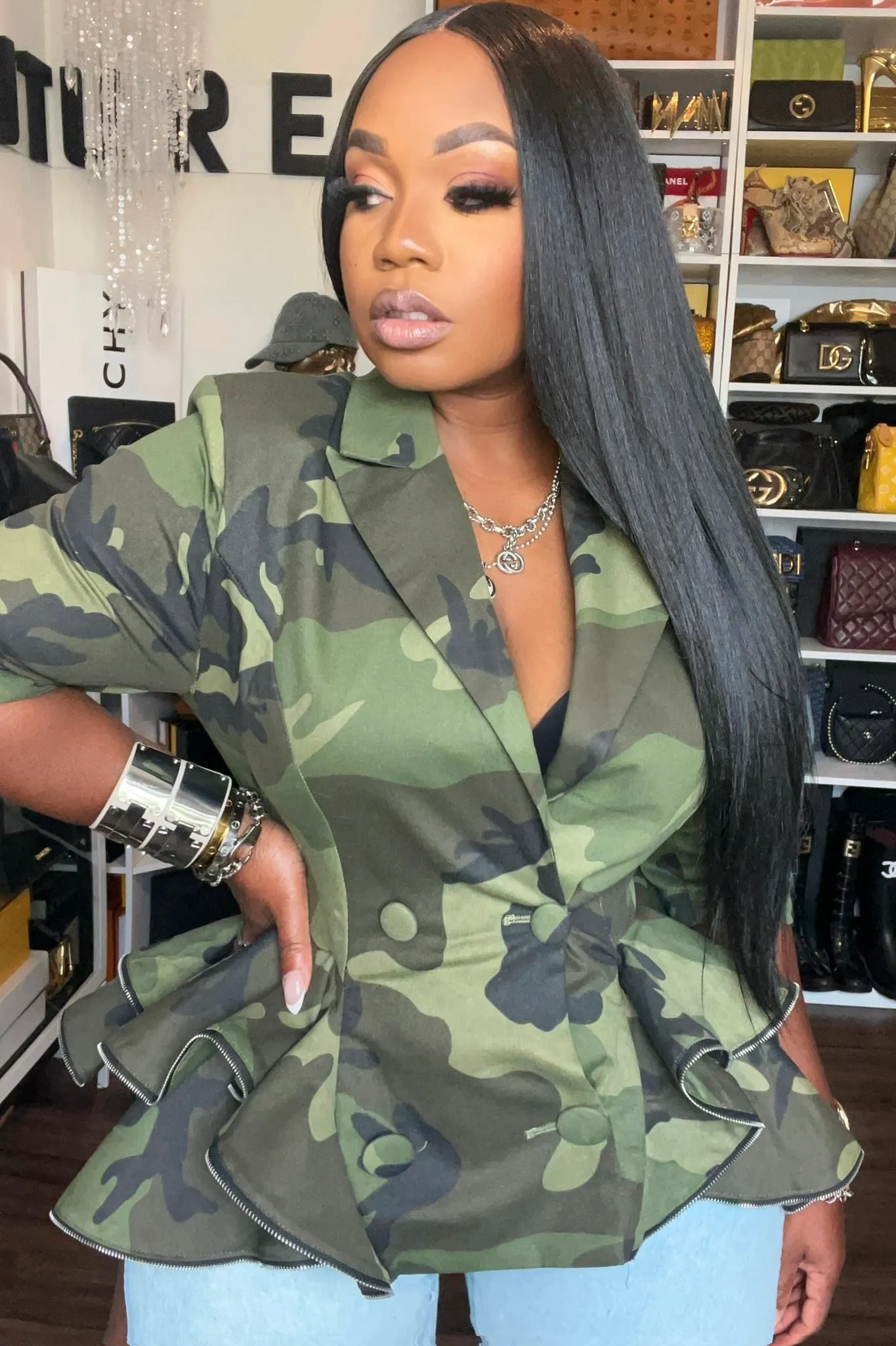 Bernardette Lux Camo Peplum Jacket Ergonomic Sleeve Shaping