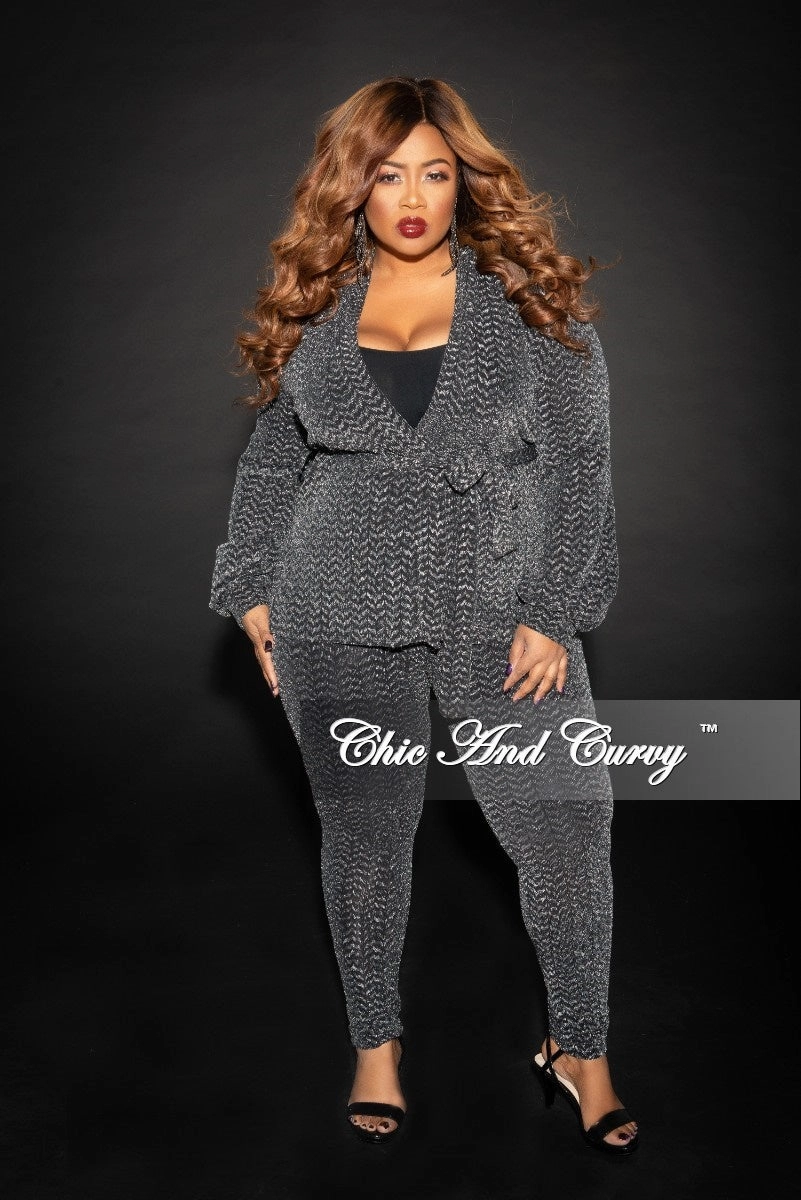 Two Tone Texture Effect Final Sale Plus Size Final Sale Plus Size Jacquard 2-Piece Lounge Set with Tie in Silver and Black Glitter (Seasonal)