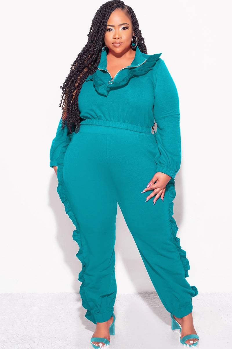 Final Sale Plus Size 2pc Crop Top and Ruffle Pants Set in Teal Moisture Lock Technology