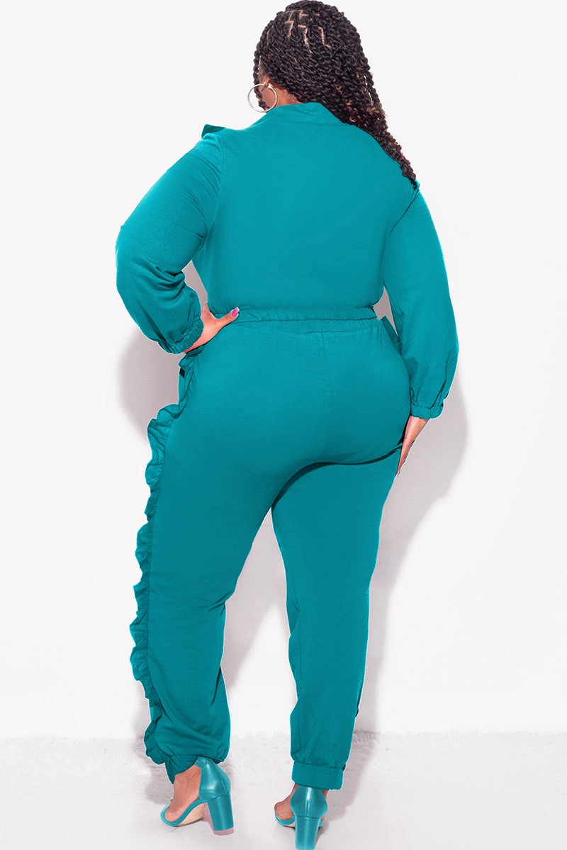 Final Sale Plus Size 2pc Crop Top and Ruffle Pants Set in Teal Quick Wear