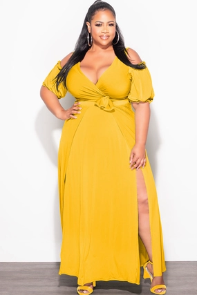 Final Sale Plus Size 2pc Faux Wrap Crop Tie Top And Double Slit Skirt Set in Mustard HighRiseWaistband
