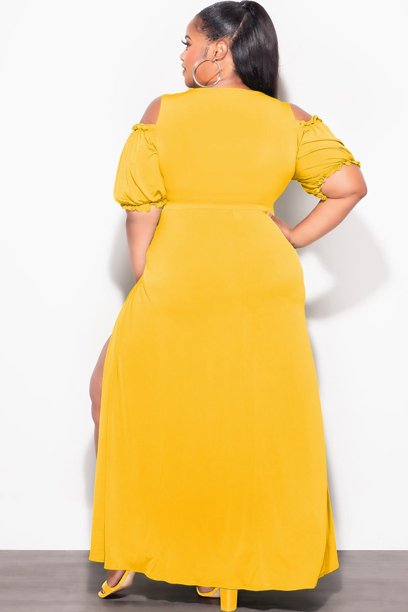 Final Sale Plus Size 2pc Faux Wrap Crop Tie Top And Double Slit Skirt Set in Mustard Flexible Knee Articulation Lightweight Wear