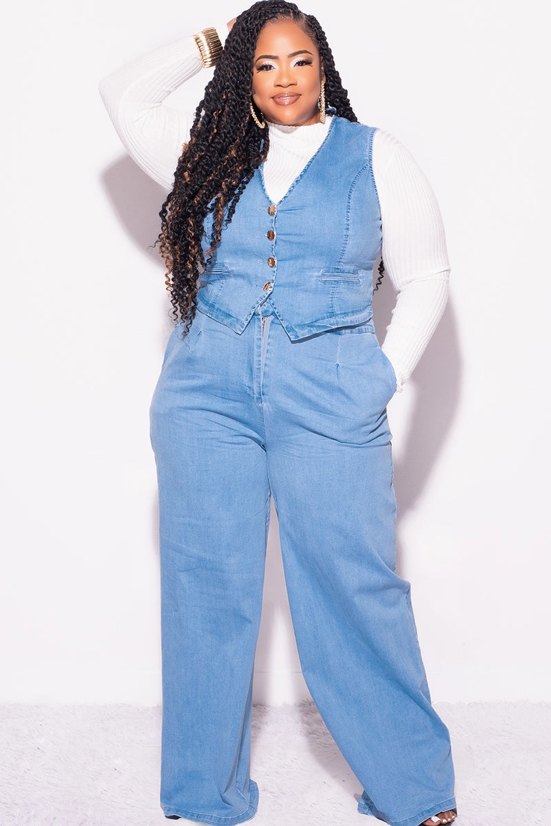 Final Sale Plus Size 2pc Sleeveless Blazer Vest and Pants Set in Denim Non Clip