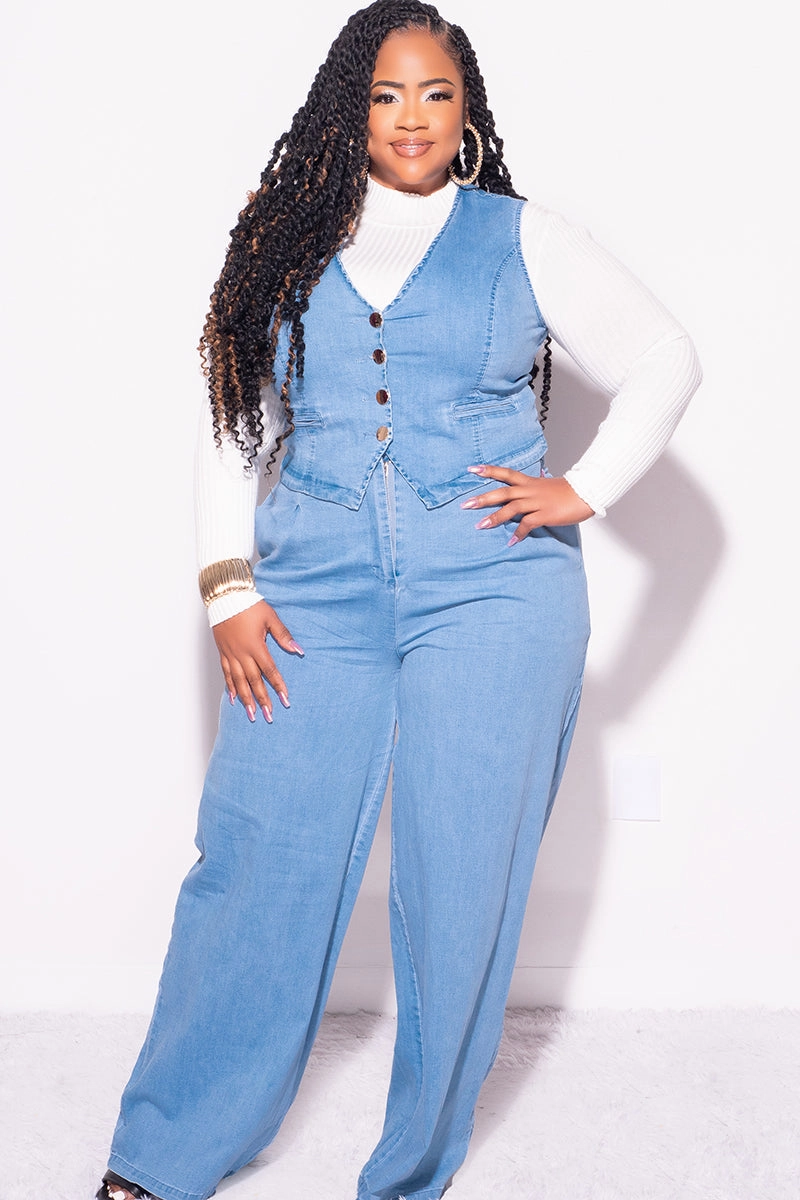 Final Sale Plus Size 2pc Sleeveless Blazer Vest and Pants Set in Denim Chill Mode Durable Comfort
