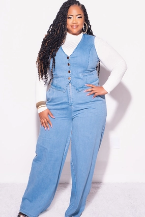 Final Sale Plus Size 2pc Sleeveless Blazer Vest and Pants Set in Denim Chill Mode Durable Comfort