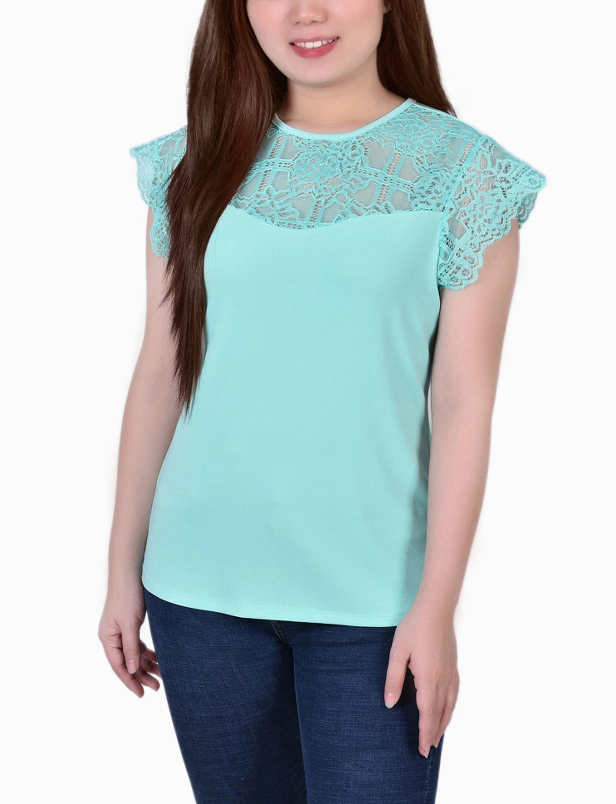 Petite Crepe Knit Top With Lace Flanged Sleeve and Yoke Lightweight Fabric