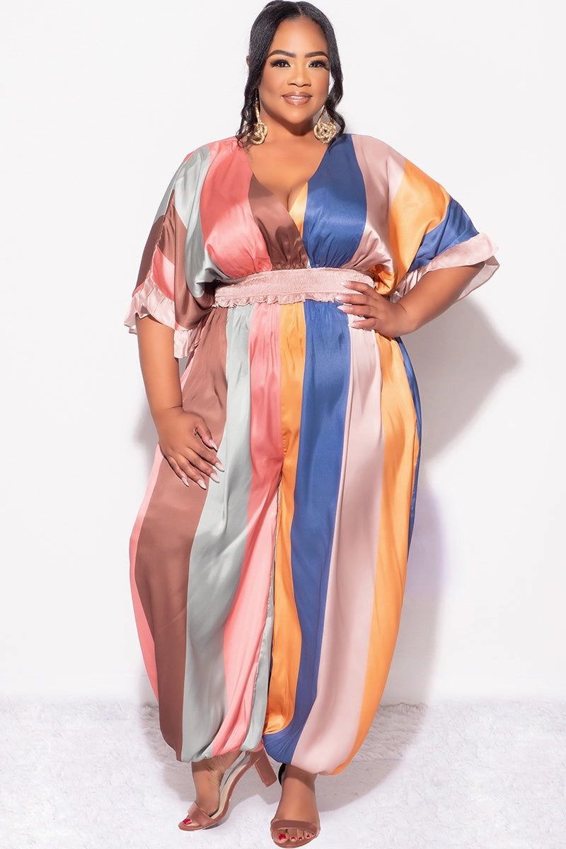 luxe feel Final Sale Plus Size Satin Jumpsuit in Multi Color Stripe Print