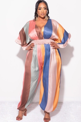 Final Sale Plus Size Satin Jumpsuit in Multi Color Stripe Print Soft Touch Material Versatile Comfort Wear