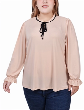 Plus Size Long Sleeve Tie Neck Top VNeck Style Buttonless Closure