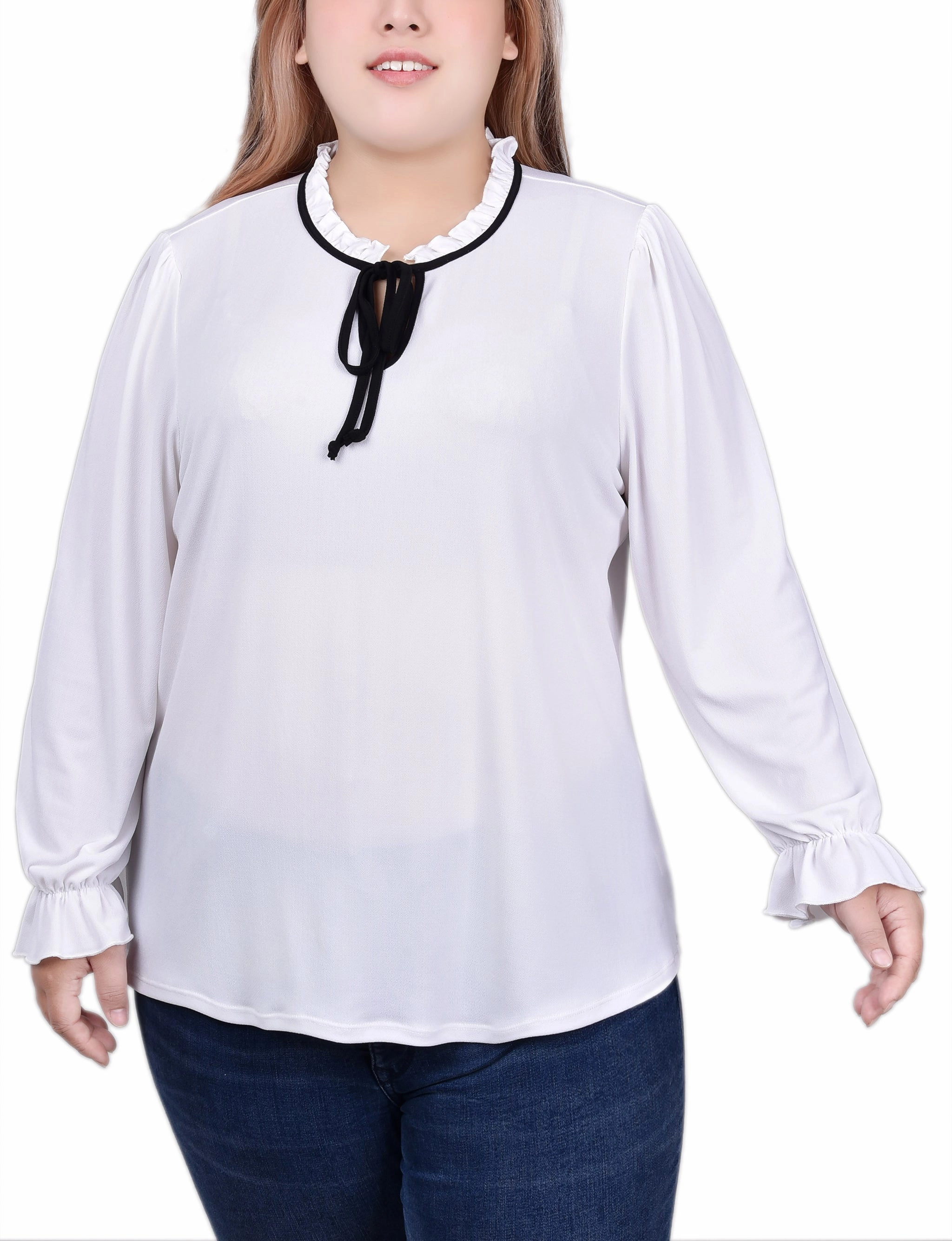 WrinkleFree Fabric UniversalFit Plus Size Long Sleeve Tie Neck Top