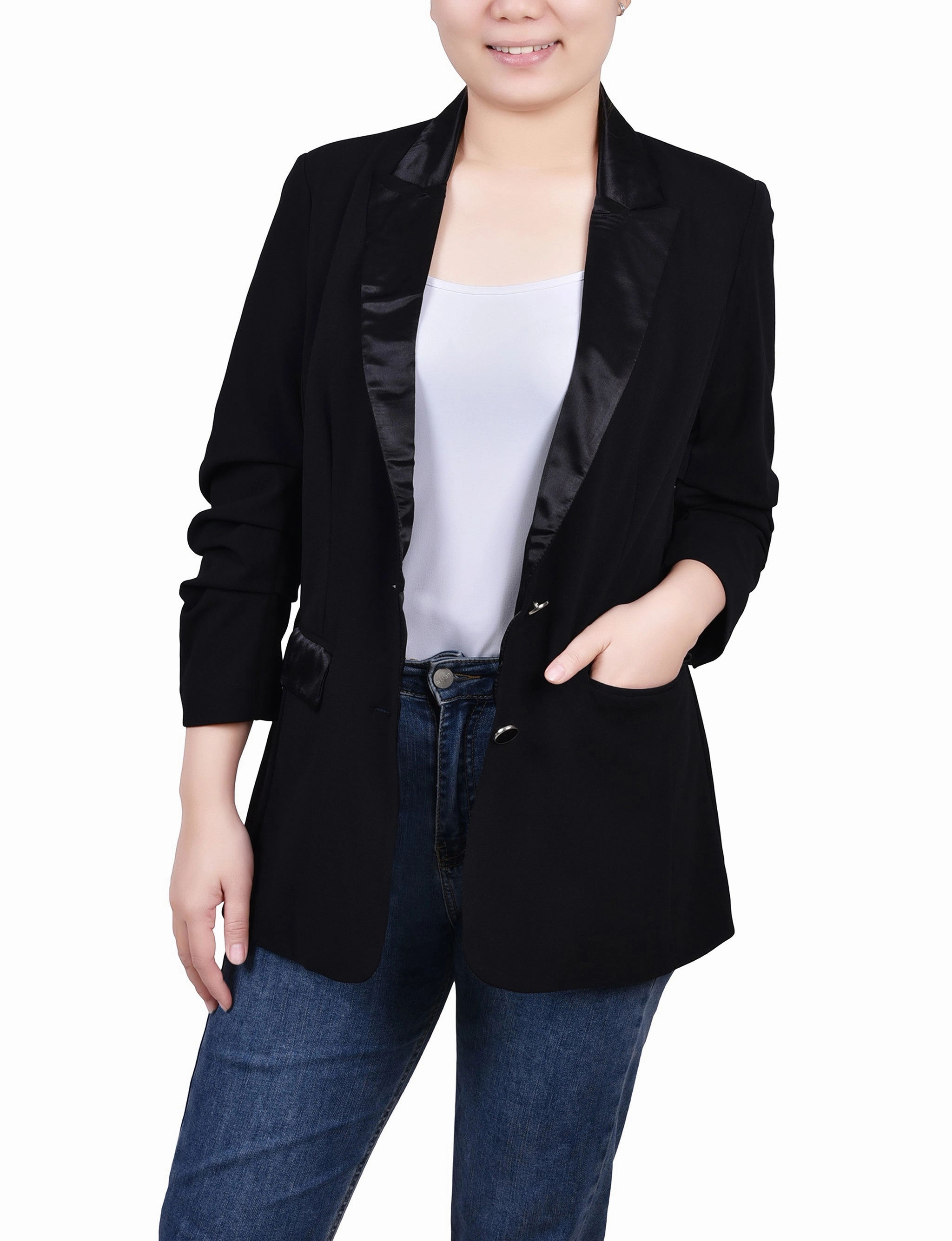 Stretchable Material MinimalistSilhouette Satin Lapel Scuba Crepe Jacket