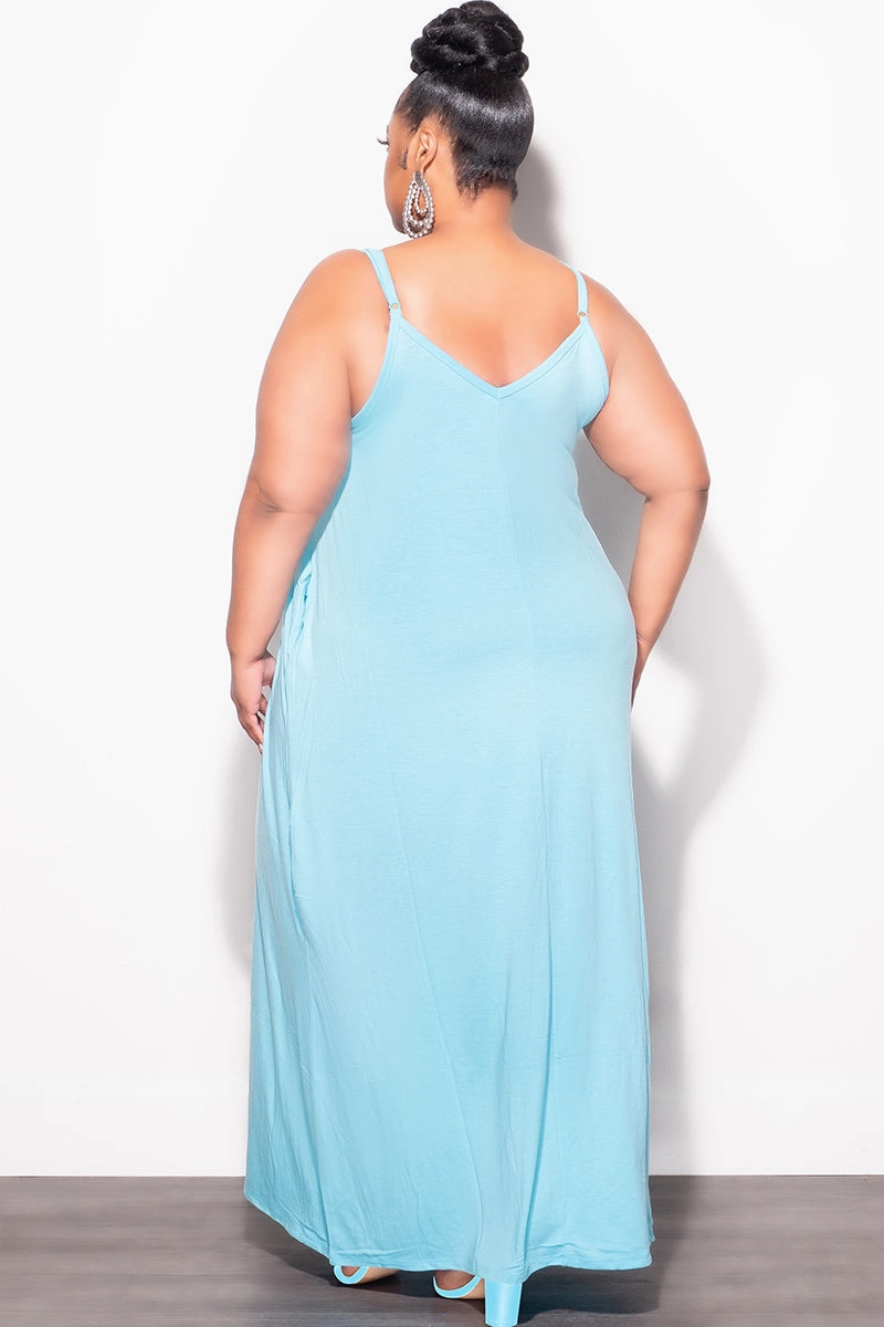 Anti Friction Lining ElasticWaist Final Sale Plus Size Spaghetti Strap Maxi Dress in Soft Blue