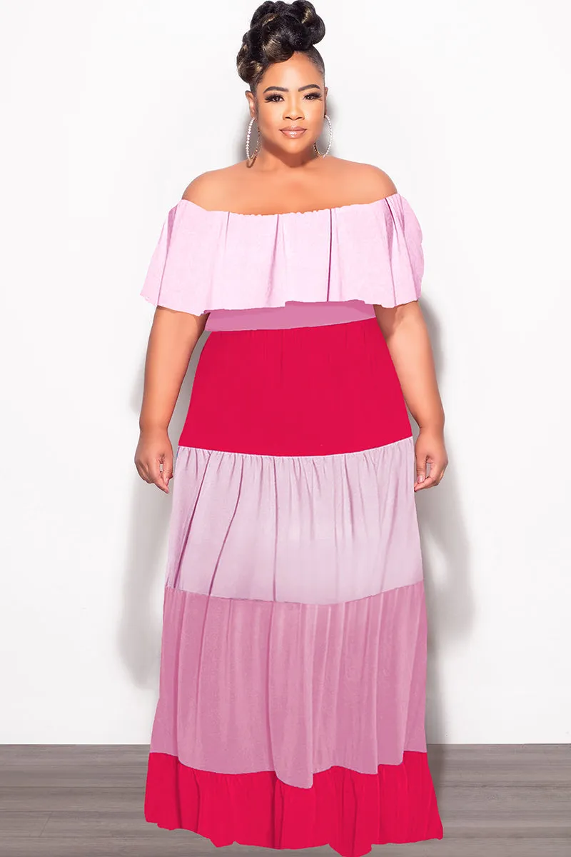 Final Sale Plus Size Off The Shoulder Tiered Maxi Dress in Pink and Red Sport Performance Design Tapered Leg Design