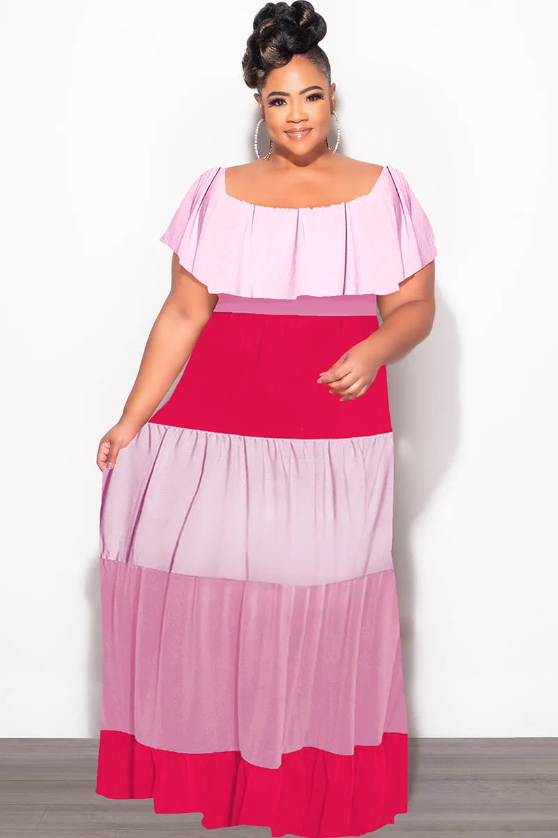 Final Sale Plus Size Off The Shoulder Tiered Maxi Dress in Pink and Red Active Look