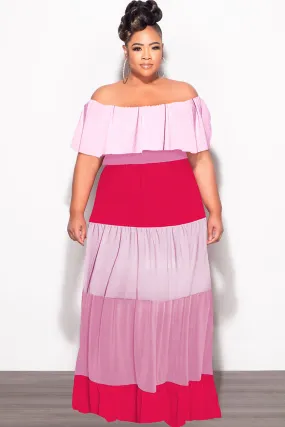 Final Sale Plus Size Off The Shoulder Tiered Maxi Dress in Pink and Red Sport Performance Design Tapered Leg Design