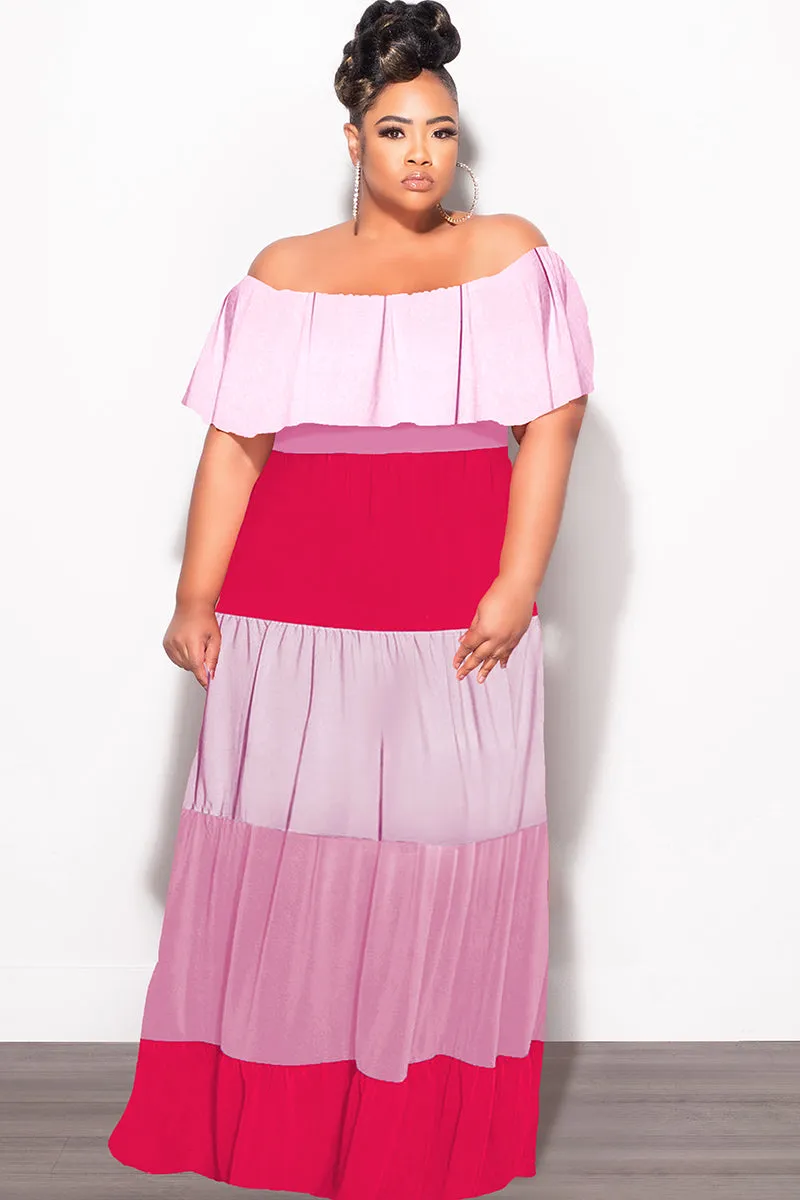 All Season Versatility Stain Release Finish Final Sale Plus Size Off The Shoulder Tiered Maxi Dress in Pink and Red