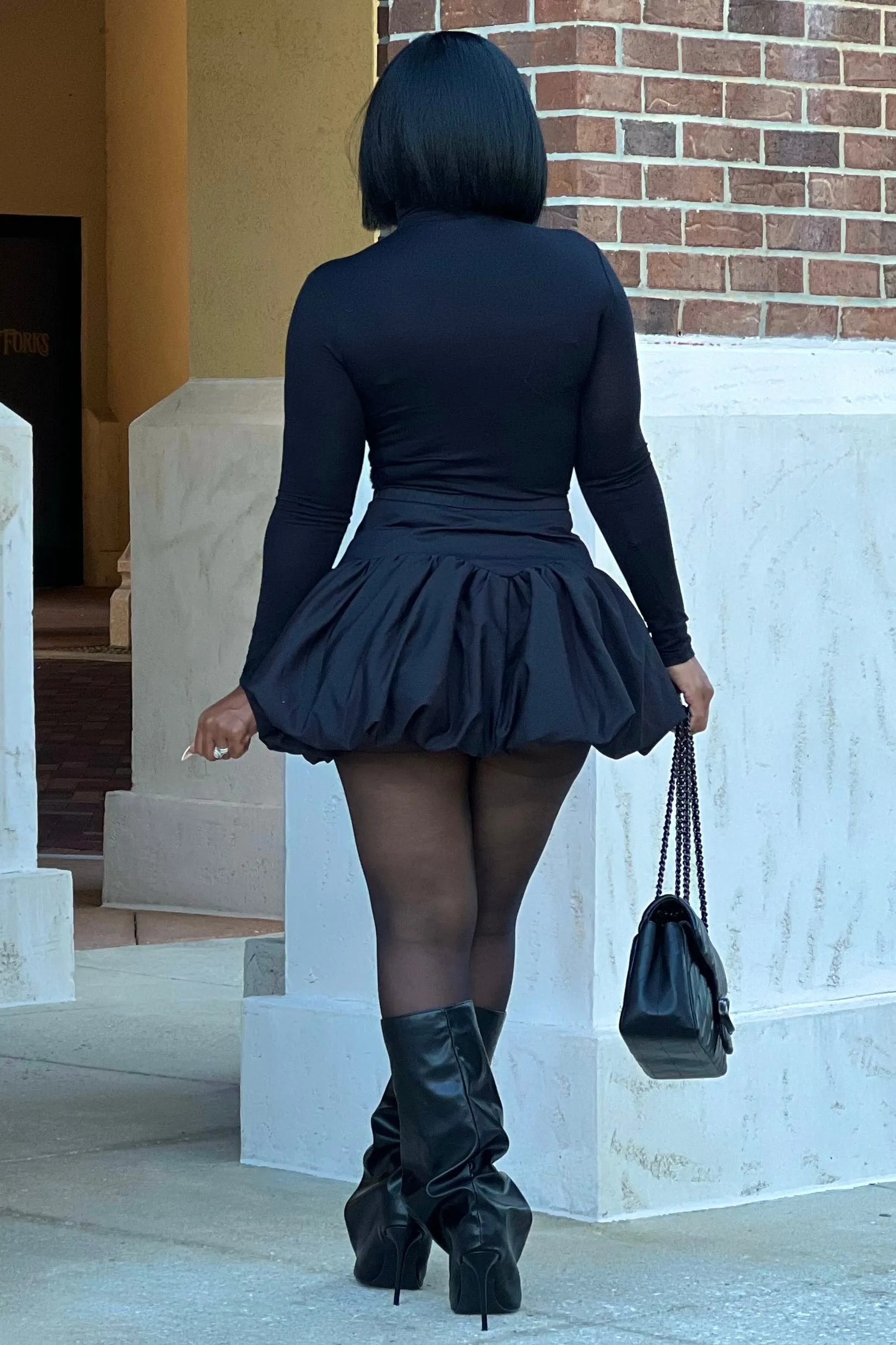 Neutral Shade Ripstop Reinforcement Hilary Bubble Hem Mini Skirt- Black