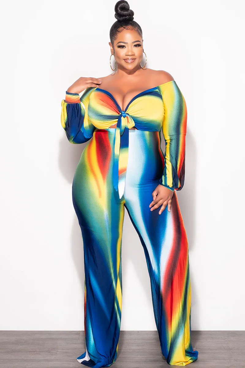 UV Protection Final Plus Size Front Tie Jumpsuit in Royal Blue, Orange, Green & Yellow