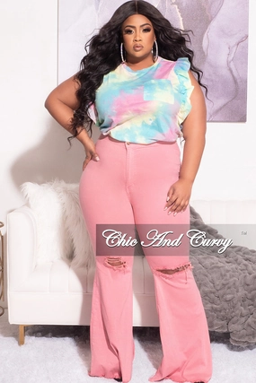 Long Use Final Sale Plus Size Ruffle Trim Pocket Patched Shirt in Rainbow Cloud Print