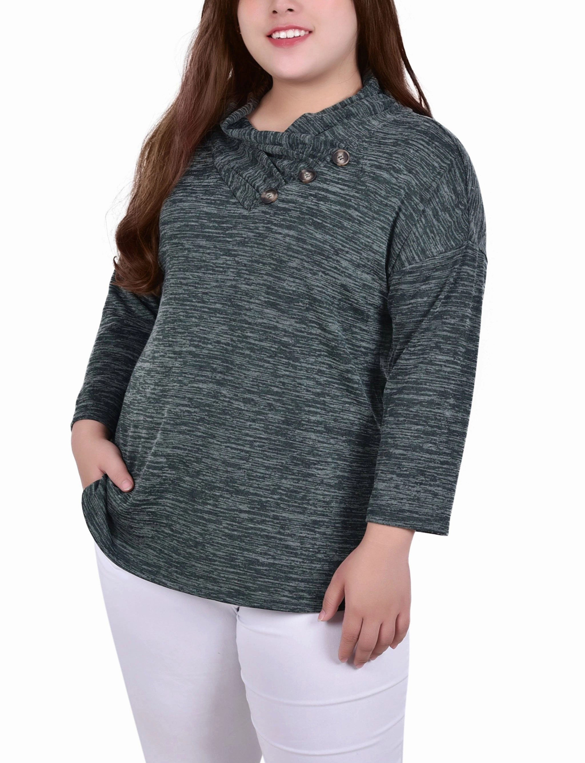 Unstructured Fit Easy Fit Plus Size 3/4 Sleeve Crossover Cowl Neck Top