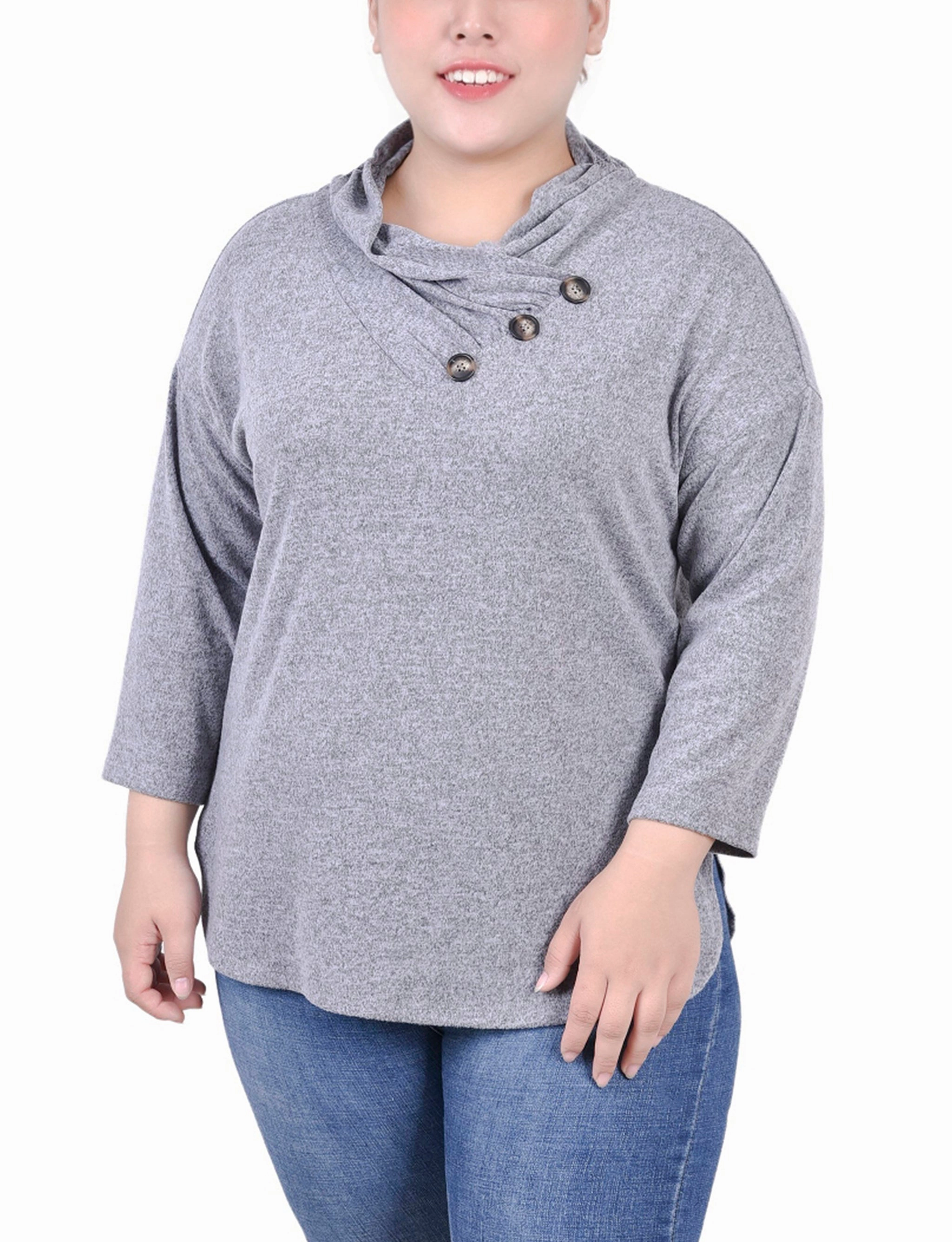 YarnDyeStripe Plus Size 3/4 Sleeve Crossover Cowl Neck Top