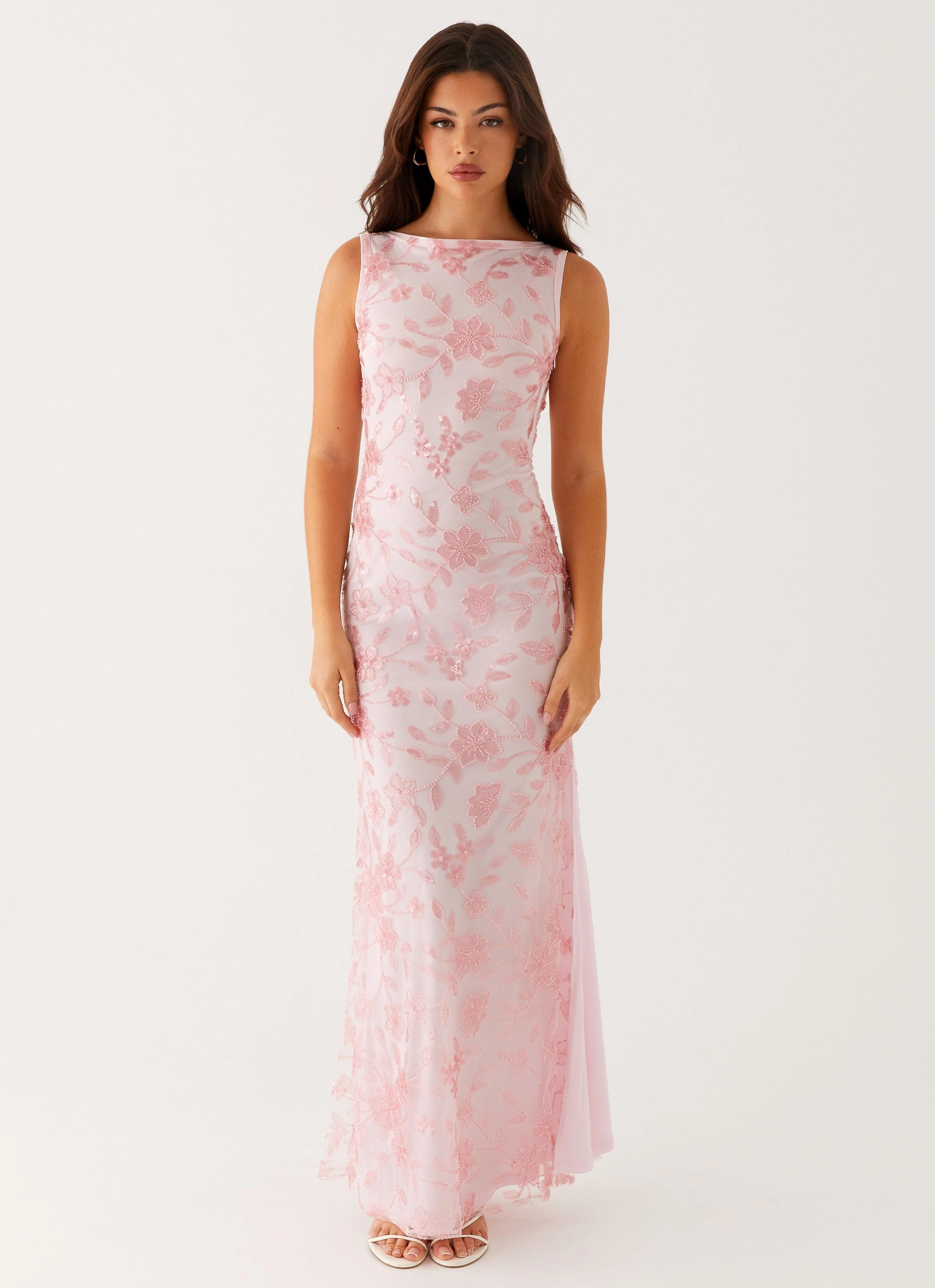 Moorey High Neck Maxi Dress - Pink Sculpted Detail Fitted waist