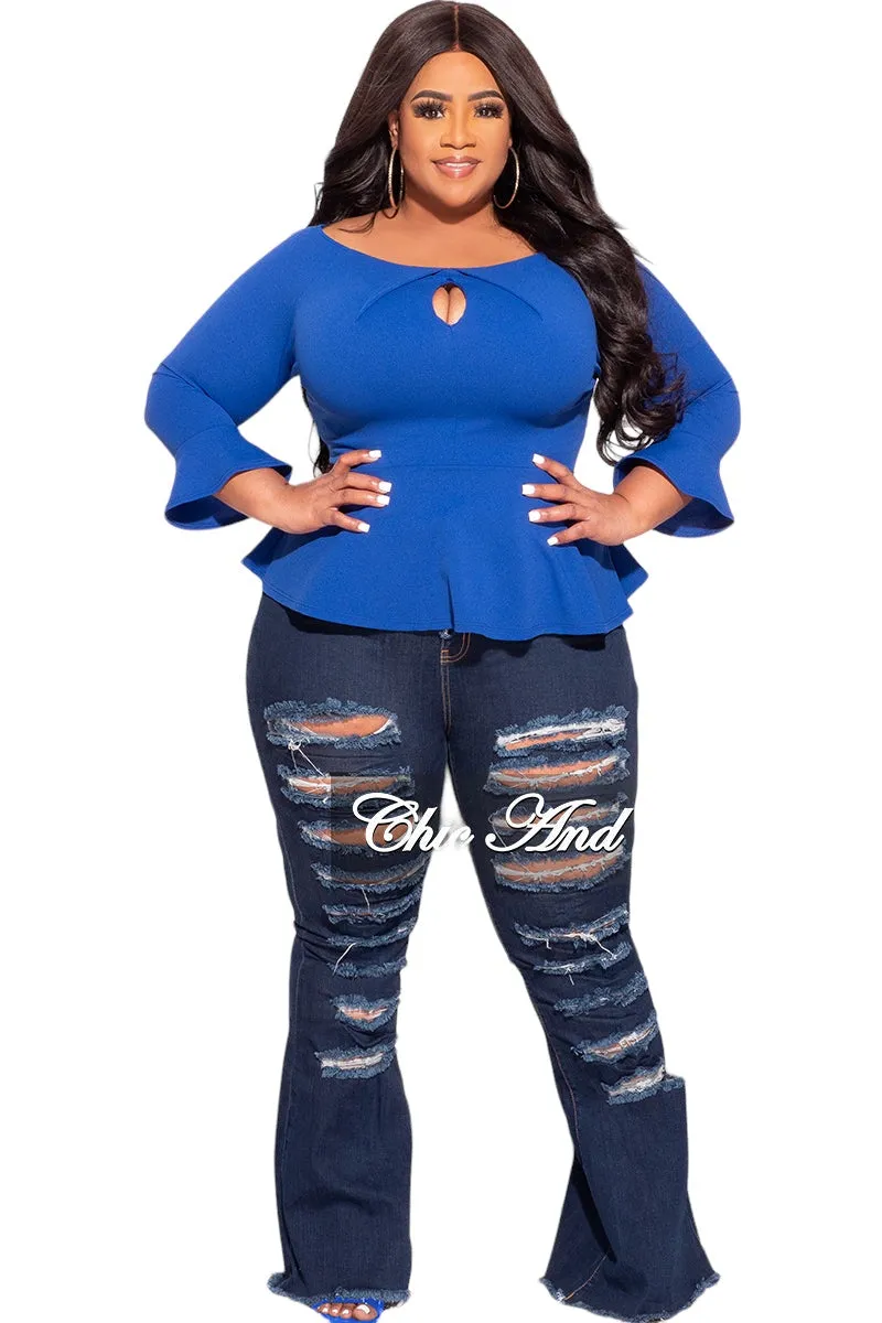 Flexible Knee Articulation Final Sale Plus Size Bell Sleeve Peplum Top with Front Keyhole in Royal Blue