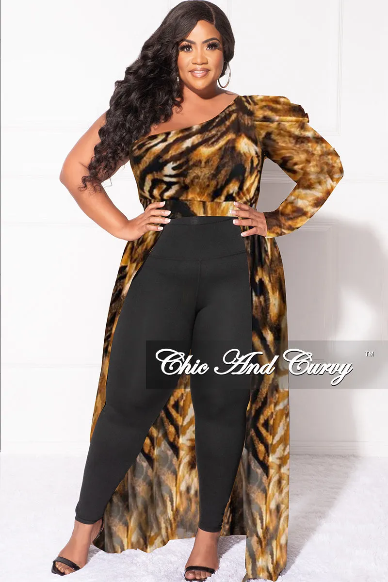 Final Sale Plus Size One Shoulder Mesh Top with Train in Tiger Print Active Utility