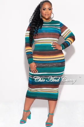 Final Sale Plus Size BodyCon Dress in Green Brown and Mustard Stripe Print Layer Friendly