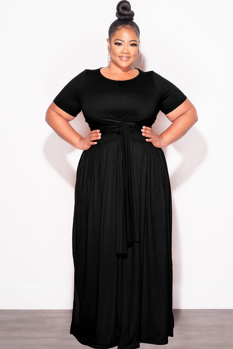 Daywear SeamlessPocketDesign Final Sale Plus Size 2pc Short Sleeve Tie Top and Skirt Set in Black