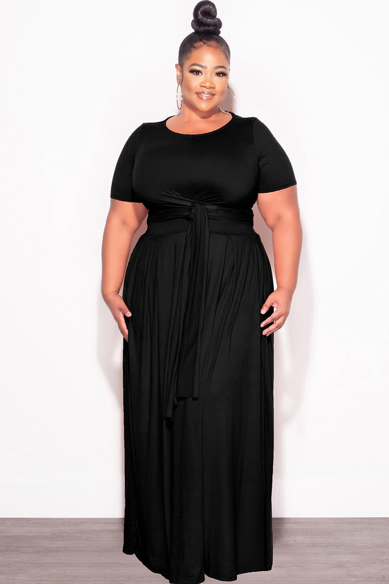 Final Sale Plus Size 2pc Short Sleeve Tie Top and Skirt Set in Black Smooth zipper closure FourWayStretch