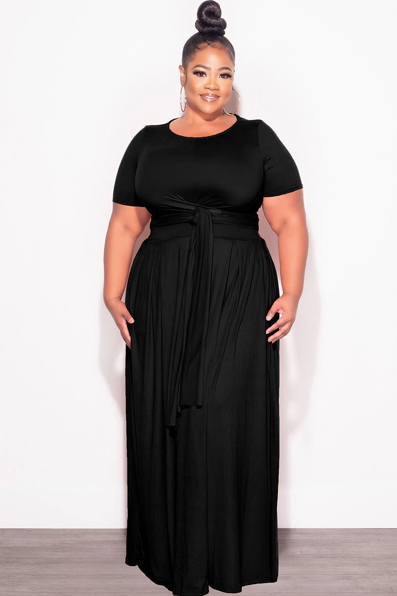 Cooling Fabric Final Sale Plus Size 2pc Short Sleeve Tie Top and Skirt Set in Black