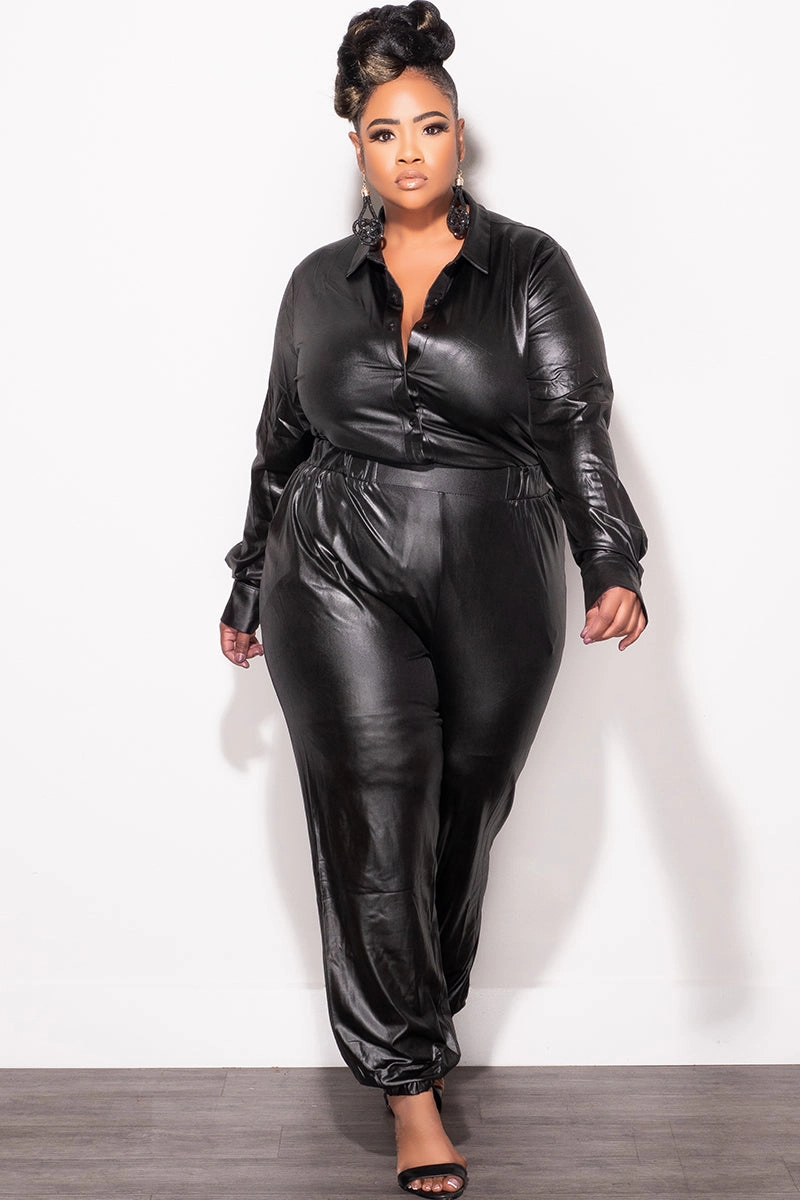 ResilientElasticBand Lightweight Layer Final Sale Plus Size 2pc Faux Leather Button Up Collar Top and Pants Set in Black