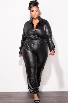 Final Sale Plus Size 2pc Faux Leather Button Up Collar Top and Pants Set in Black Sport Comfort