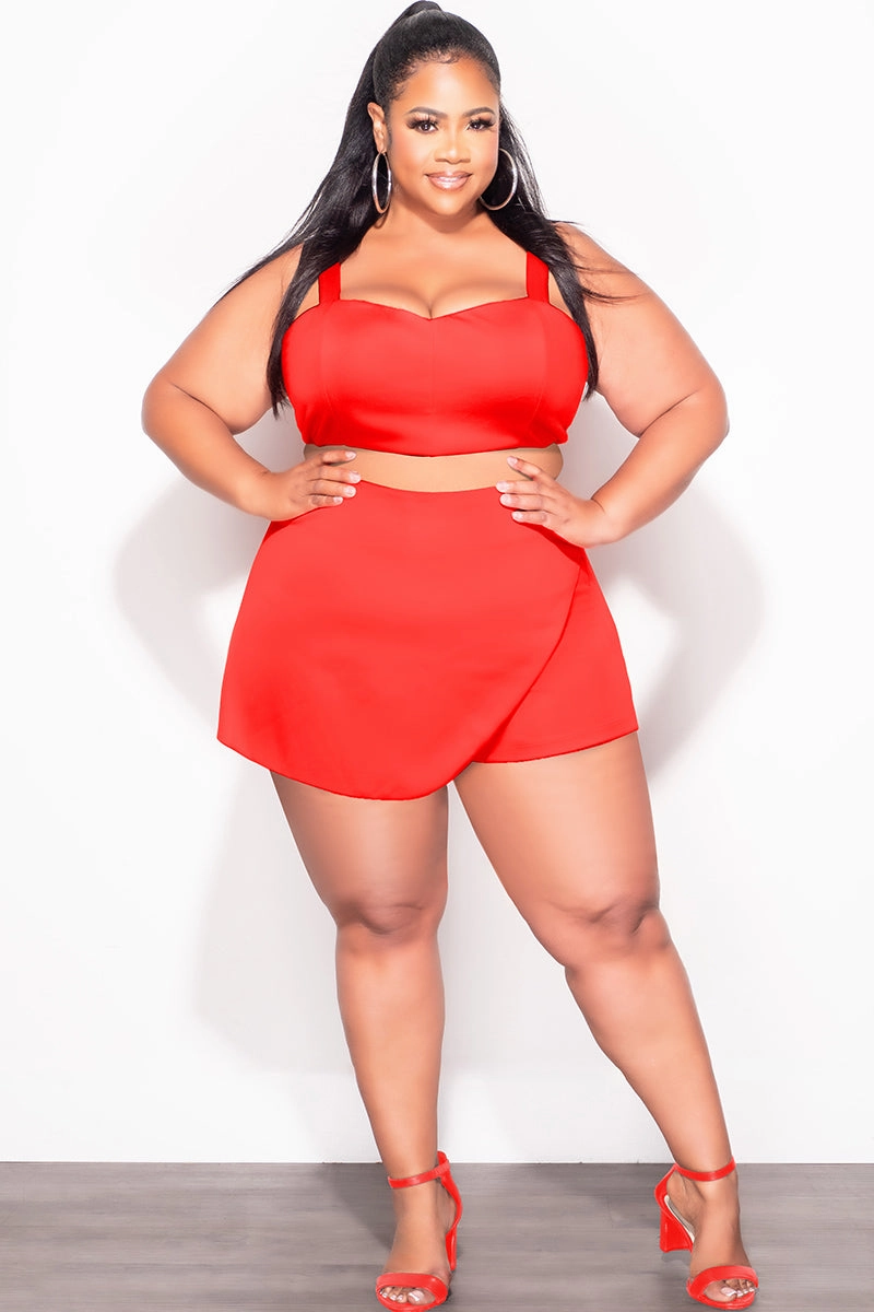 Tough Build Final Sale Plus Size 2pc Strapless Crop Top and Skort Set in Dark Coral