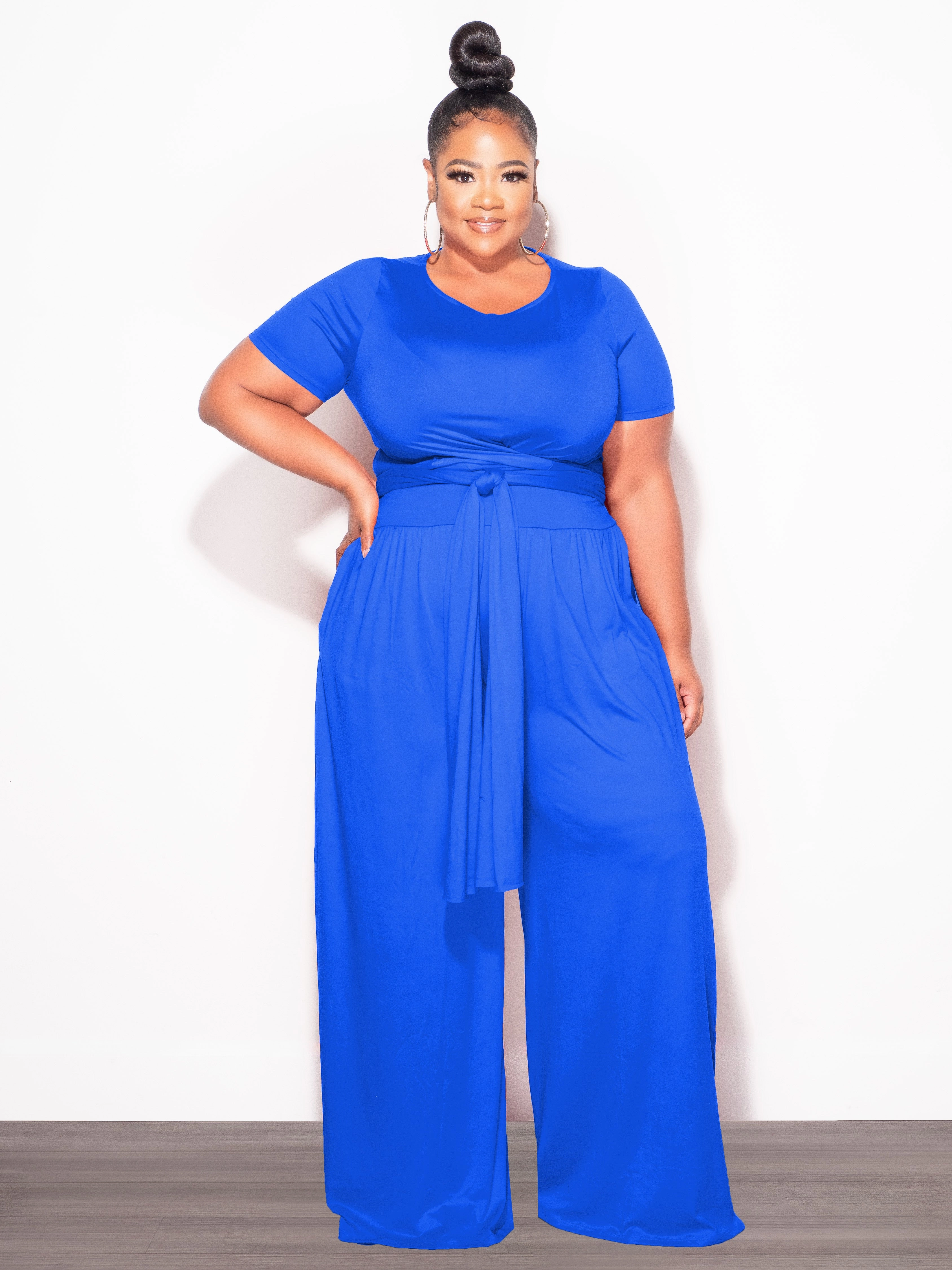 Final Sale Plus Size 2pc Short Sleeve Tie Top and Pants Set in Royal Blue Comfort Layer