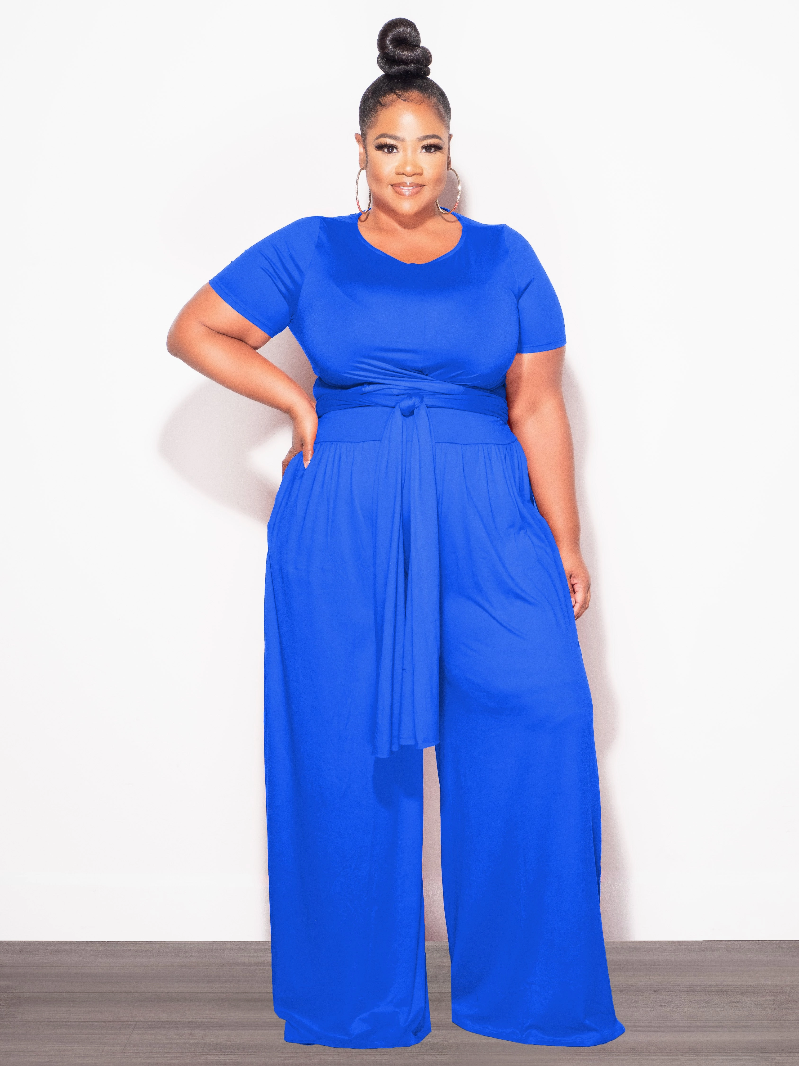 Water resistant coating Twill Weave Texture Final Sale Plus Size 2pc Short Sleeve Tie Top and Pants Set in Royal Blue