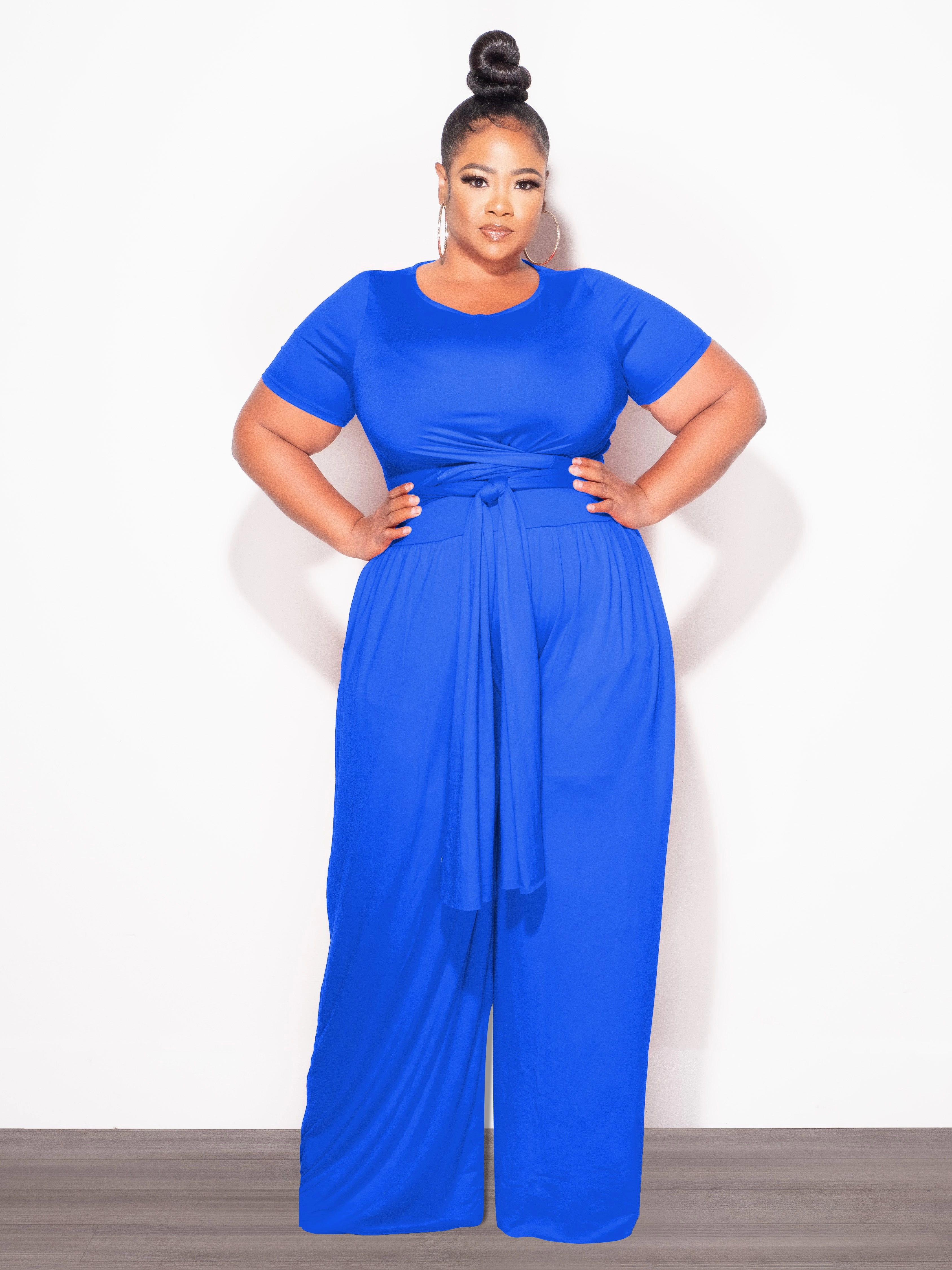 Rest Easy Final Sale Plus Size 2pc Short Sleeve Tie Top and Pants Set in Royal Blue