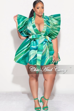 Final Sale Plus Size Ruffle Trim Babydoll Bubble Dress in Green Print Easy Travel